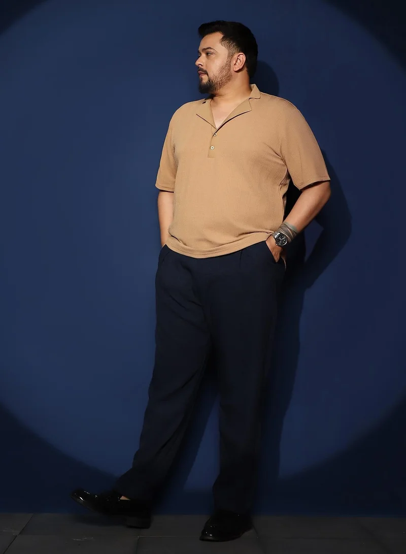 Instafab Plus Men's Peanut Brown Rope-Tactile Cuban Polo T-Shirt